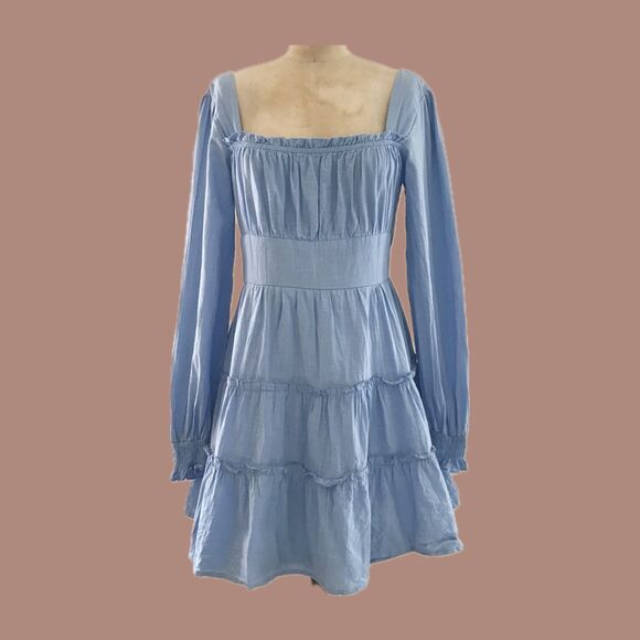 Altar'd State Light Blue Square Neck Long Sleeve Cottage Core Mini Dress NEW - S - Picture 1 of 10